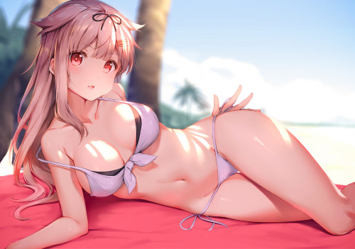 Konachan.com---304053-anthropomorphism-beach-bikini-blonde_hair-breasts-fang-kantai_collection-long_hair-nyum-red_eyes-swimsuit-yuudachi_kancolle.jpg